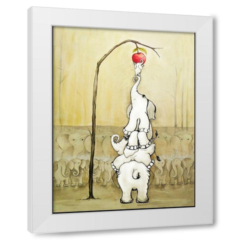 Whimsical Elephants with Red Apple White Modern Wood Framed Art Print by Diannart