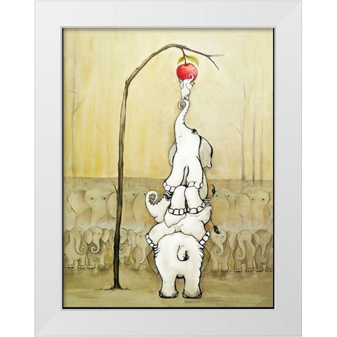 Whimsical Elephants with Red Apple White Modern Wood Framed Art Print by Diannart