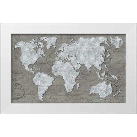 World Map On Script White Modern Wood Framed Art Print by Medley, Elizabeth