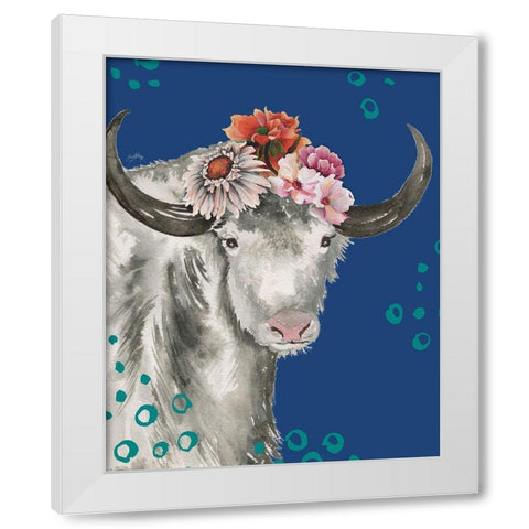 Floral Yak on Blue White Modern Wood Framed Art Print by Medley, Elizabeth