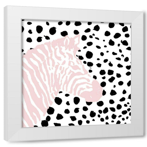 Pink Zebra On Dots White Modern Wood Framed Art Print by Pinto, Patricia