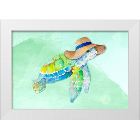 Turtle With Hat on Watercolor (blue) White Modern Wood Framed Art Print by Loreth, Lanie