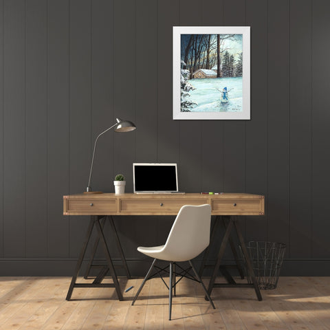Snowman in Moonlight White Modern Wood Framed Art Print by Redding, James