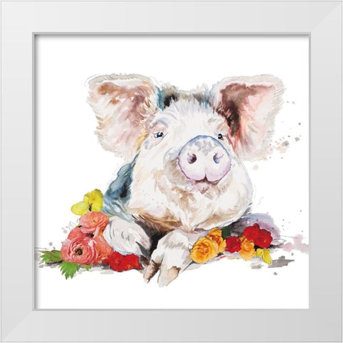 Happy Little Pig White Modern Wood Framed Art Print by Pinto, Patricia