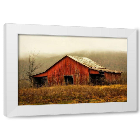 Skylight Barn in the Fog White Modern Wood Framed Art Print by Amos, Andy