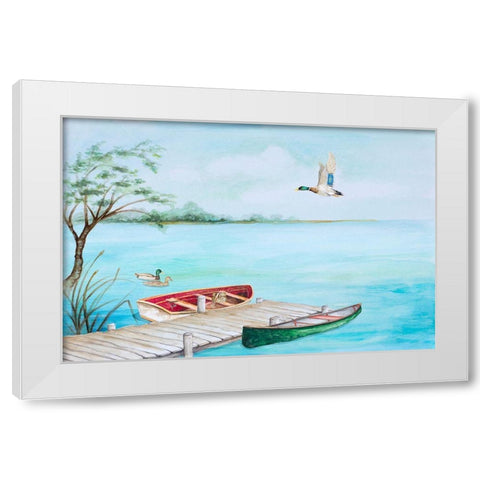 Fishing Dock With Mallards White Modern Wood Framed Art Print by Gaynor, Janice