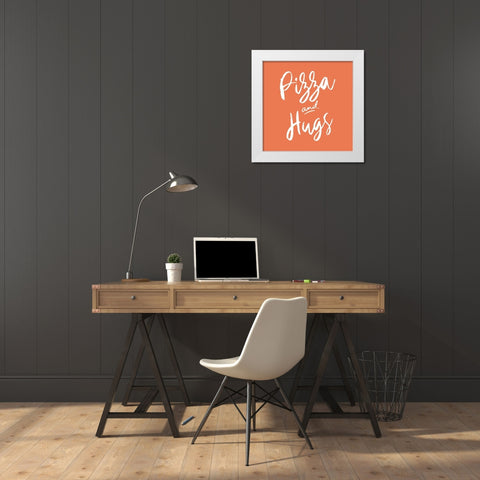 Pizza And Hugs White Modern Wood Framed Art Print by SD Graphics Studio