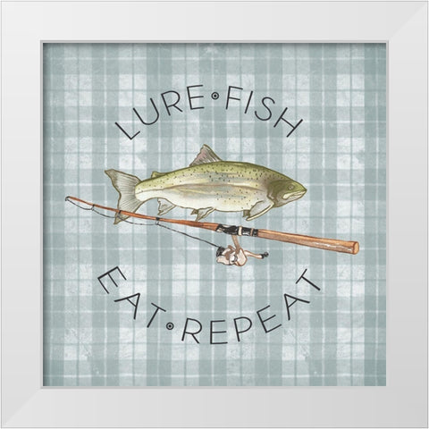 Lure Fish Eat Repeat White Modern Wood Framed Art Print by Medley, Elizabeth