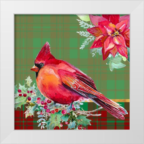 Holiday Poinsettia and Cardinal on Plaid I White Modern Wood Framed Art Print by Pinto, Patricia
