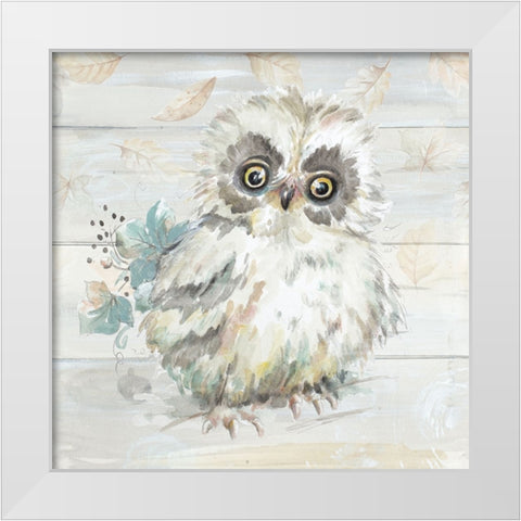 Baby Owl Amongst the Falling Leaves White Modern Wood Framed Art Print by Pinto, Patricia