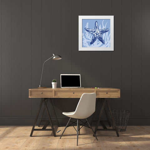 Blue on Blue Starfish White Modern Wood Framed Art Print by Gaynor, Janice