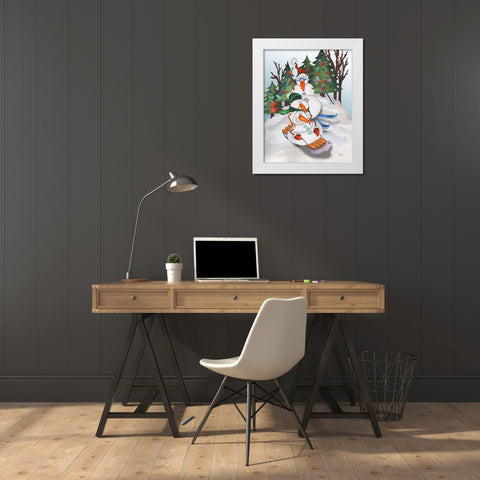 Sledding Snowmen White Modern Wood Framed Art Print by Medley, Elizabeth