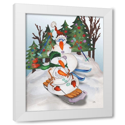 Sledding Snowmen White Modern Wood Framed Art Print by Medley, Elizabeth