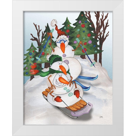 Sledding Snowmen White Modern Wood Framed Art Print by Medley, Elizabeth