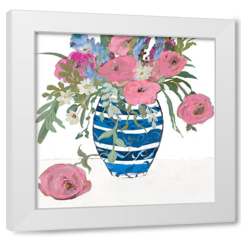 Blue Vase of Pink Roses White Modern Wood Framed Art Print by Maria, Robin