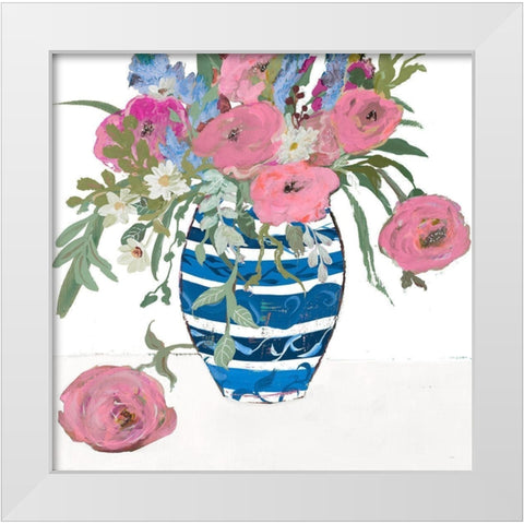 Blue Vase of Pink Roses White Modern Wood Framed Art Print by Maria, Robin