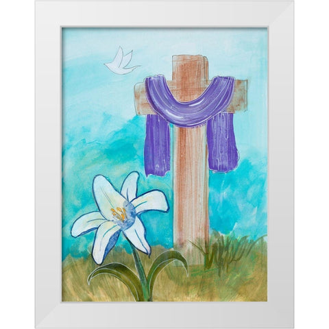 Cross and Dove White Modern Wood Framed Art Print by Maria, Robin