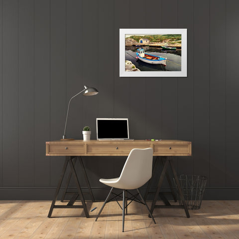 Harbor Boat Dock White Modern Wood Framed Art Print by Amos, Andy