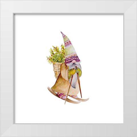 Skiing Gnome White Modern Wood Framed Art Print by Gaynor, Janice