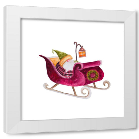 Gnome on a Sleigh White Modern Wood Framed Art Print by Gaynor, Janice