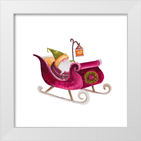 Gnome on a Sleigh White Modern Wood Framed Art Print by Gaynor, Janice