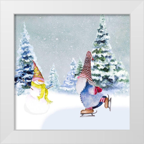 Gnomes Ice Skating I White Modern Wood Framed Art Print by Gaynor, Janice