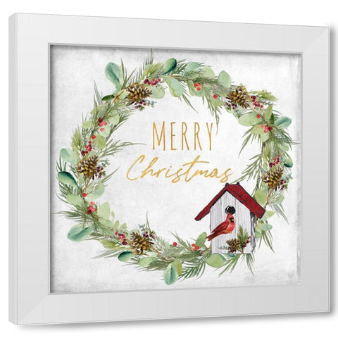 Merry Christmas Wreath and Bird House White Modern Wood Framed Art Print by Loreth, Lanie