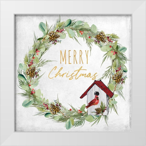 Merry Christmas Wreath and Bird House White Modern Wood Framed Art Print by Loreth, Lanie