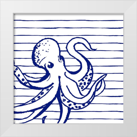 Blue Nautical on Stripes I White Modern Wood Framed Art Print by Pinto, Patricia