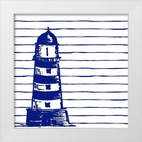 Blue Nautical on Stripes II White Modern Wood Framed Art Print by Pinto, Patricia