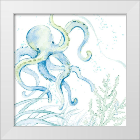 Blue Octopus White Modern Wood Framed Art Print by Loreth, Lanie