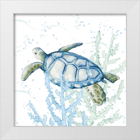 Blue Sea Turtle In Coral White Modern Wood Framed Art Print by Loreth, Lanie