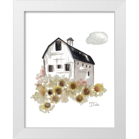 Barn and Sunflowers White Modern Wood Framed Art Print by Pinto, Patricia