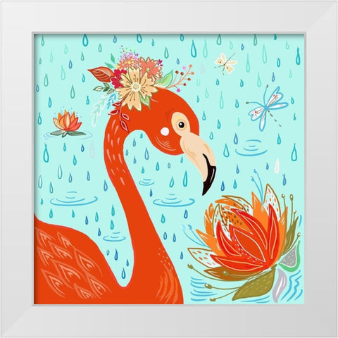 Flamingo in the Rain White Modern Wood Framed Art Print by Del Sol, Ani