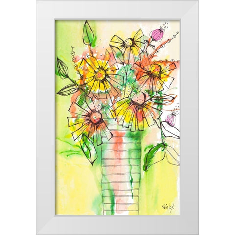 Bursting Wildflowers in Vase White Modern Wood Framed Art Print by Krinlox