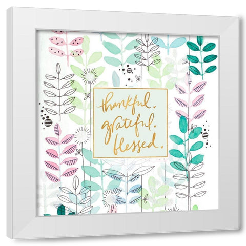 Thankful Grateful Blessed Botanicals White Modern Wood Framed Art Print by Krinlox