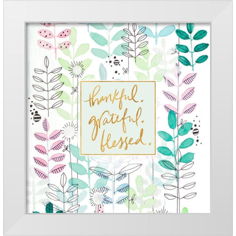 Thankful Grateful Blessed Botanicals White Modern Wood Framed Art Print by Krinlox
