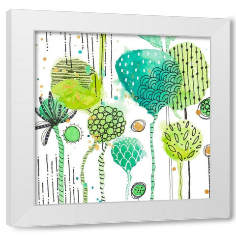 Green Stamped Leaves Square I White Modern Wood Framed Art Print by Krinlox