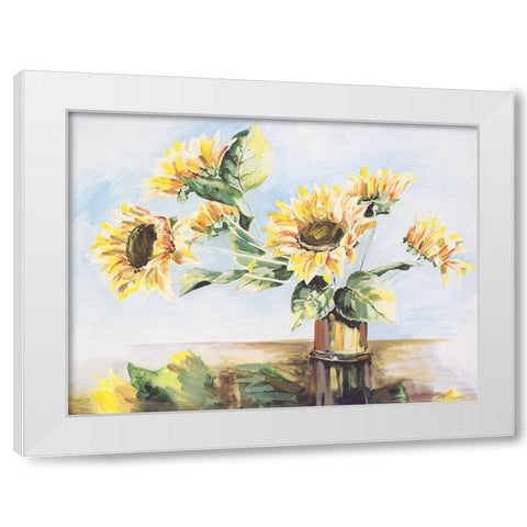 Sunflowers on Golden Vase White Modern Wood Framed Art Print by French-Roussia, Heather A.