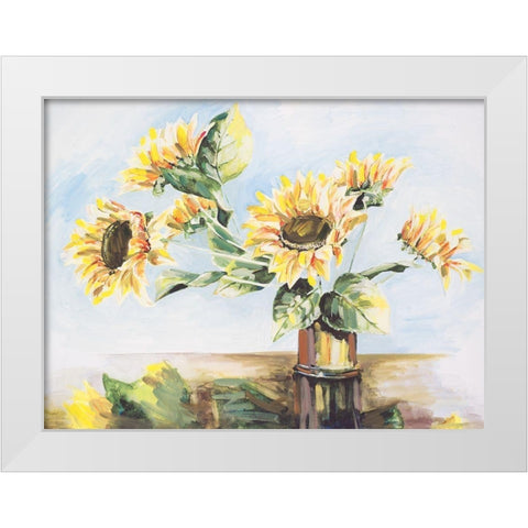 Sunflowers on Golden Vase White Modern Wood Framed Art Print by French-Roussia, Heather A.