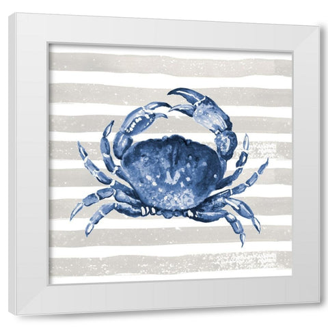 Blue Crab On Wide Stripes White Modern Wood Framed Art Print by Pinto, Patricia