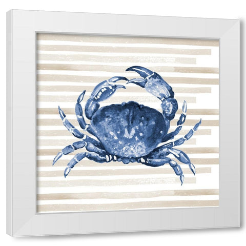 Blue Crab On Stripes White Modern Wood Framed Art Print by Pinto, Patricia