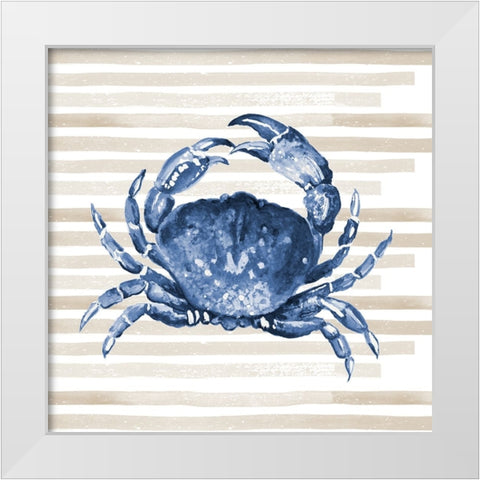 Blue Crab On Stripes White Modern Wood Framed Art Print by Pinto, Patricia