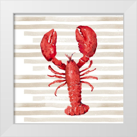 Red Lobster On Stripes White Modern Wood Framed Art Print by Pinto, Patricia