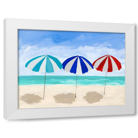 Beach Umbrella Trio White Modern Wood Framed Art Print by DeRice, Julie