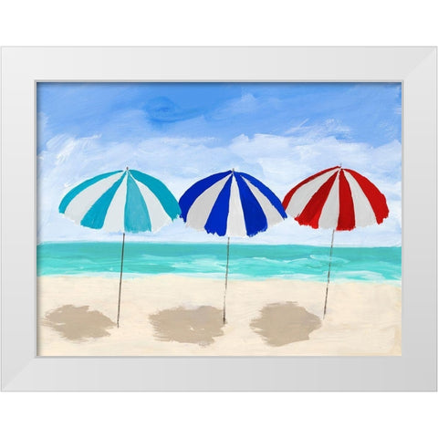 Beach Umbrella Trio White Modern Wood Framed Art Print by DeRice, Julie