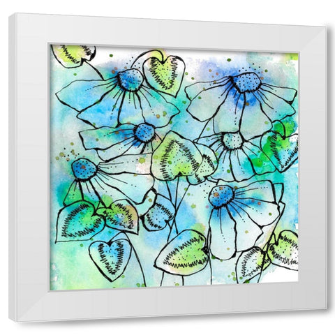 Blue Bursts and Blossoms Square White Modern Wood Framed Art Print by Krinlox