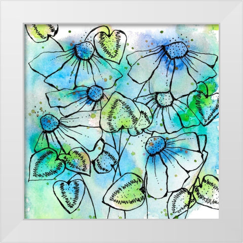 Blue Bursts and Blossoms Square White Modern Wood Framed Art Print by Krinlox