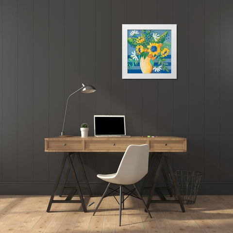 Floral Bursts Among the Blue White Modern Wood Framed Art Print by Krinlox