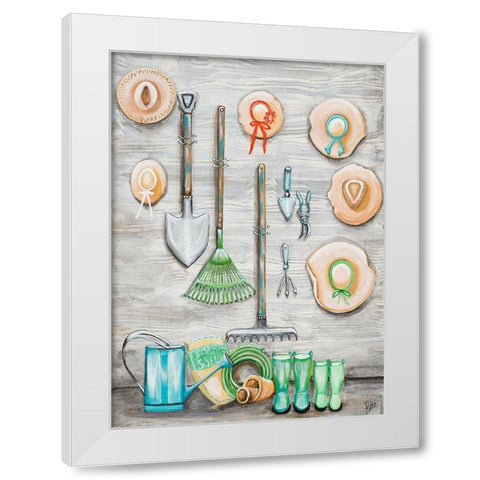 Garden Hats And Tools White Modern Wood Framed Art Print by Ritter, Gina